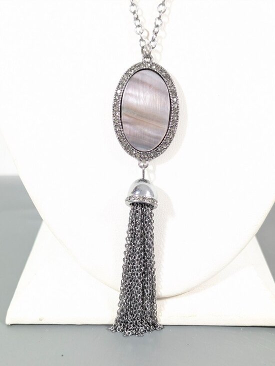 Boho Coastal Chic Abalone Shell Chain Tassel Rhinestone Necklace Long 32" - Picture 1 of 10